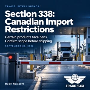 TradeFlex Section 338 graphic showing a commercial customs checkpoint and a reminder to confirm the scope of restrictions on certain Canadian products.